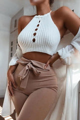 Cream Knit Halterneck Button Crop Top - Penina-Crop Tops