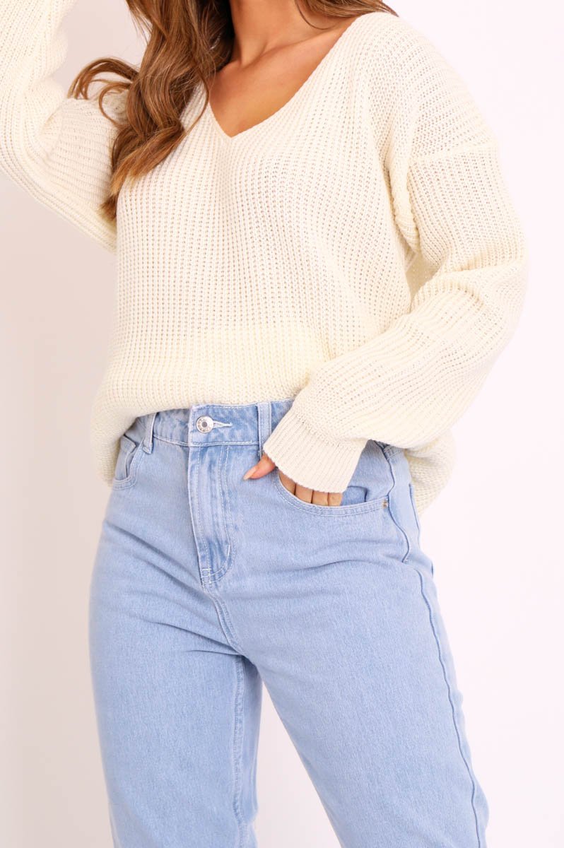 Cream Knit Plunge Neckline Jumper - Roselie-Jumper