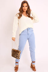 Cream Knit Plunge Neckline Jumper - Roselie-Jumper