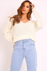 Cream Knit Plunge Neckline Jumper - Roselie-Jumper