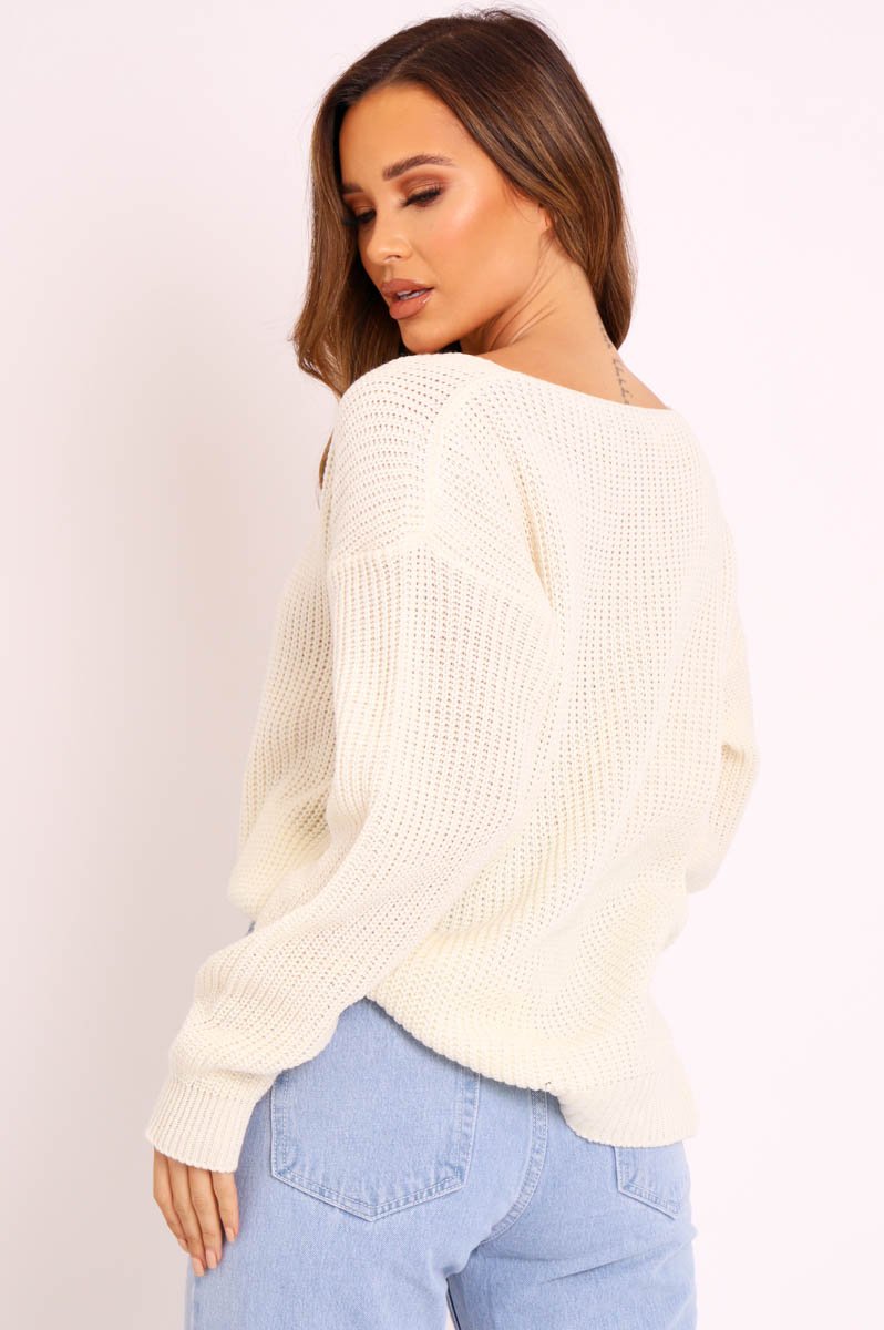 Cream Knit Plunge Neckline Jumper - Roselie-Jumper