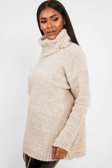 Cream Knitted Borg Oversized Roll Neck Jumper - Ebbie-Jumper