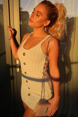 Cream Knitted Button Front Bodycon Dress - Cesia-Dresses