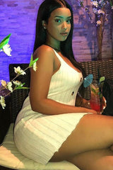 Cream Knitted Button Front Bodycon Dress - Cesia-Dresses