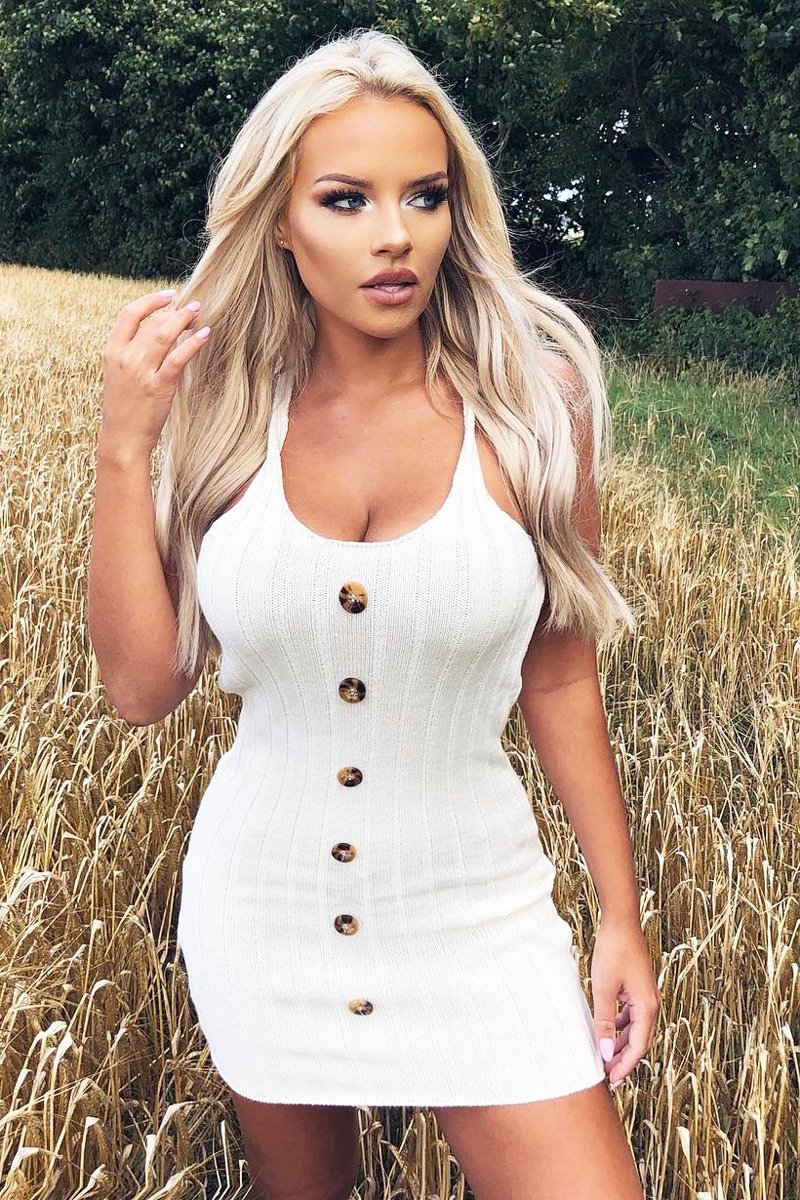 Cream Knitted Button Front Bodycon Dress - Cesia-Dresses