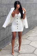 Cream Knitted Button Front Bodycon Dress - Cesia-Dresses