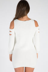 Cream Knitted Cold Shoulder Cut Out Jumper Dress - Sienna-Jumper