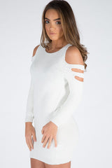 Cream Knitted Cold Shoulder Cut Out Jumper Dress - Sienna-Jumper