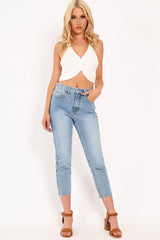 Cream Knitted Knot Halterneck Crop Top - Irelyn-Crop Tops
