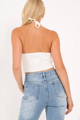 Cream Knitted Knot Halterneck Crop Top - Irelyn-Crop Tops