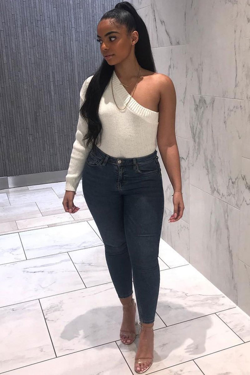 Cream Knitted One Shoulder Jumper - Jayleah-Jumper
