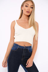 Cream Knitted Plunge Front Vest Top - Jenova-Tops