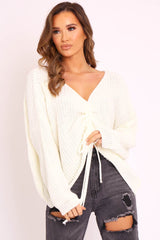 Cream Knitted Ruched Tie Front Jumper - Soraya-Jumper
