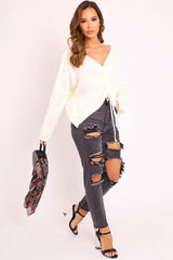 Cream Knitted Ruched Tie Front Jumper - Soraya-Jumper