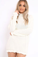 Cream Knitted Ruffle Jumper Dress with Elasticated hems - Velma-Dresses