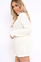 Cream Knitted Ruffle Jumper Dress with Elasticated hems - Velma-Dresses
