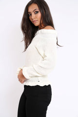 Cream Knitted Ruffle Jumper with Elasticated hems - Eve-Jumper
