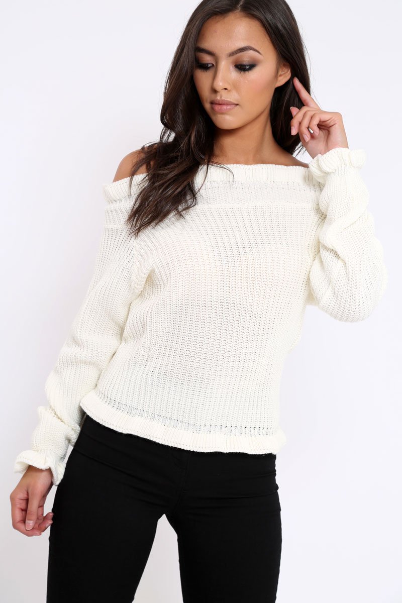 Cream Knitted Ruffle Jumper with Elasticated hems - Eve-Jumper