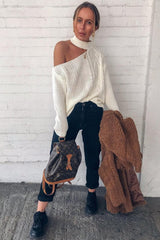 Cream Knitted Slash Neck Off Shoulder Jumper - Hazel-Jumper