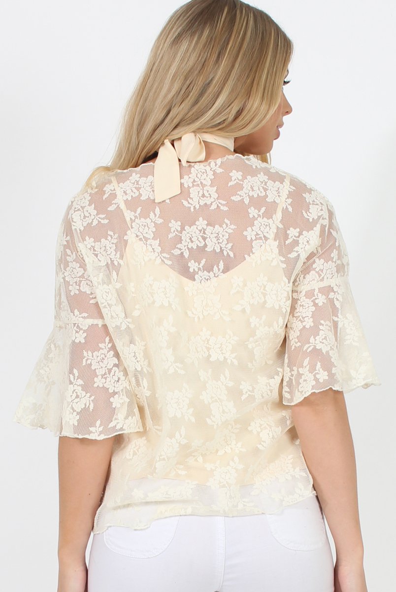 Cream Lace Choker Top - Leana-Tops