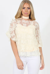 Cream Lace Choker Top - Leana-Tops