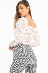 Cream Lace Long Sleeve Puff Sleeve Crop Top - Gwynn-Crop Tops