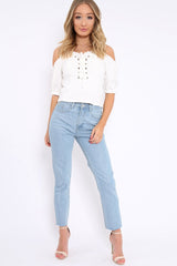 Cream Lace Up Front Cold Shoulder Top - Merci-Tops