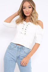 Cream Lace Up Front Cold Shoulder Top - Merci-Tops