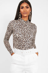 Cream Leopard Print Slinky High Neck Bodysuit - Abira-Bodysuits