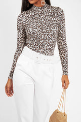 Cream Leopard Print Slinky High Neck Bodysuit - Abira-Bodysuits