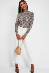 Cream Leopard Print Slinky High Neck Bodysuit - Abira-Bodysuits