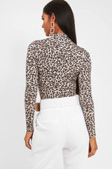 Cream Leopard Print Slinky High Neck Bodysuit - Abira-Bodysuits