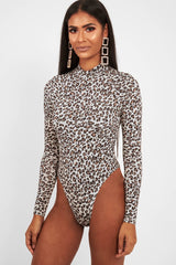 Cream Leopard Print Slinky High Neck Bodysuit - Abira-Bodysuits