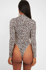 Cream Leopard Print Slinky High Neck Bodysuit - Abira-Bodysuits