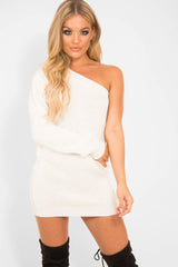 Cream One Shoulder Jumper Dress - Liseth-Dresses