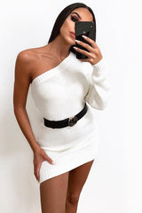 Cream One Shoulder Jumper Dress - Liseth-Dresses