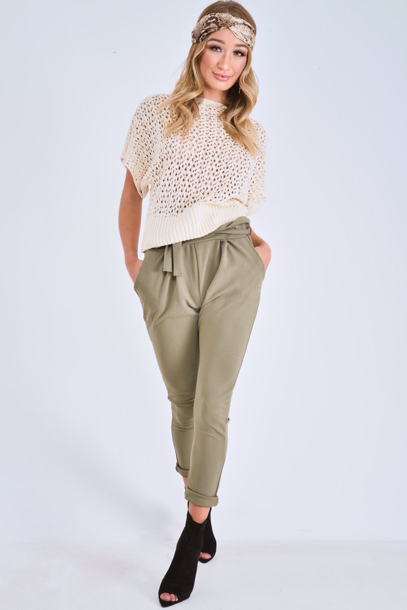 Cream Open Knit Short Sleeve Top - Elene-Tops