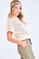 Cream Open Knit Short Sleeve Top - Elene-Tops