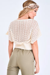 Cream Open Knit Short Sleeve Top - Elene-Tops