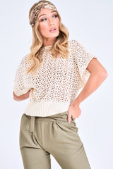 Cream Open Knit Short Sleeve Top - Elene-Tops