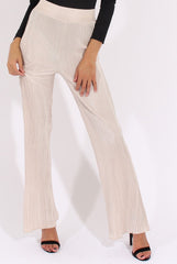 Cream Pleated Long High Waisted Trousers - Jojo-Trousers