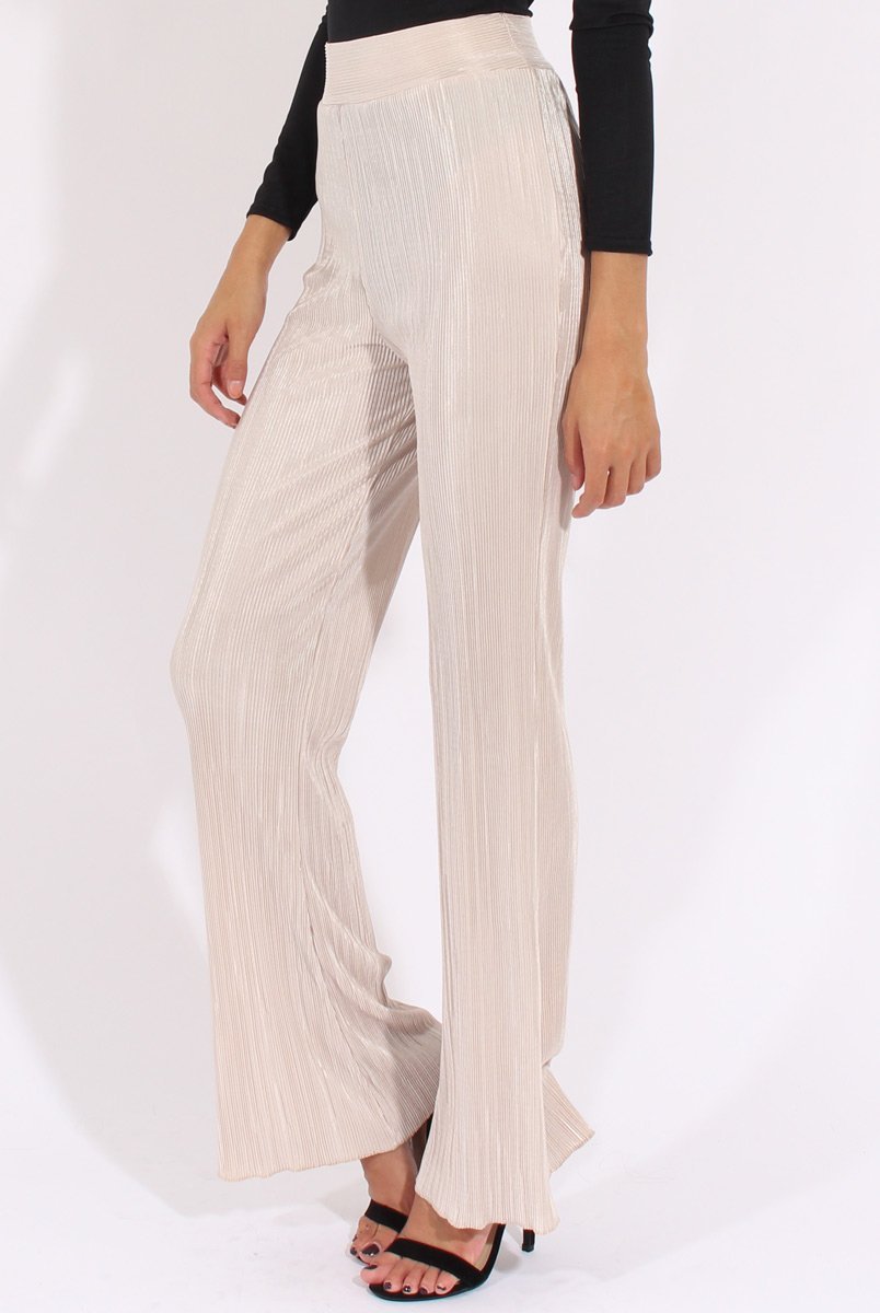Cream Pleated Long High Waisted Trousers - Jojo-Trousers