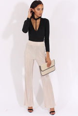 Cream Pleated Long High Waisted Trousers - Jojo-Trousers