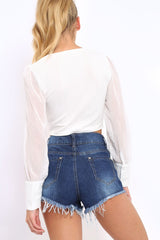 Cream Plunge Sheer Sleeve Crop Top - Kally-Crop Tops