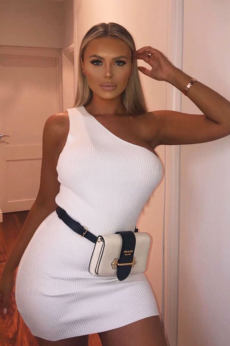 Cream Rib Knit One Shoulder Mini Dress - Elisabeth-Dresses