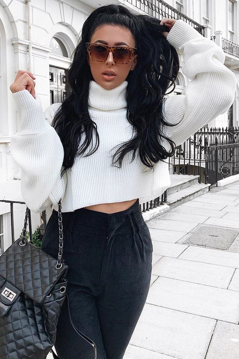 Cream Rib Knit Roll Neck Jumper - Brinna-Jumper