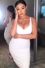 Cream Rib Knit V Neck Mini Dress - Amylia-Dresses