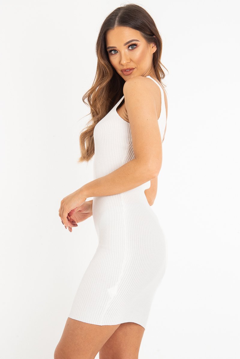 Cream Rib Knit V Neck Mini Dress - Amylia-Dresses