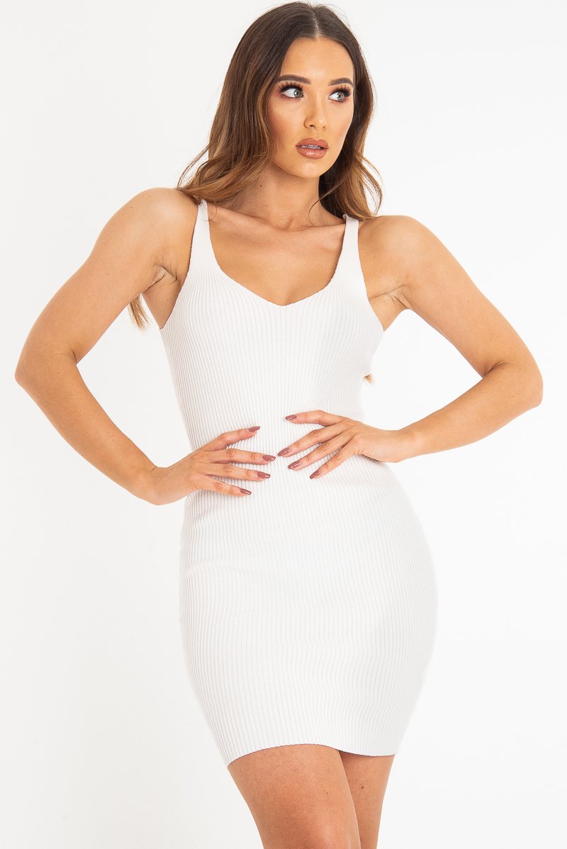 Cream Rib Knit V Neck Mini Dress - Amylia-Dresses