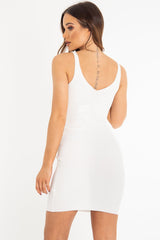 Cream Rib Knit V Neck Mini Dress - Amylia-Dresses